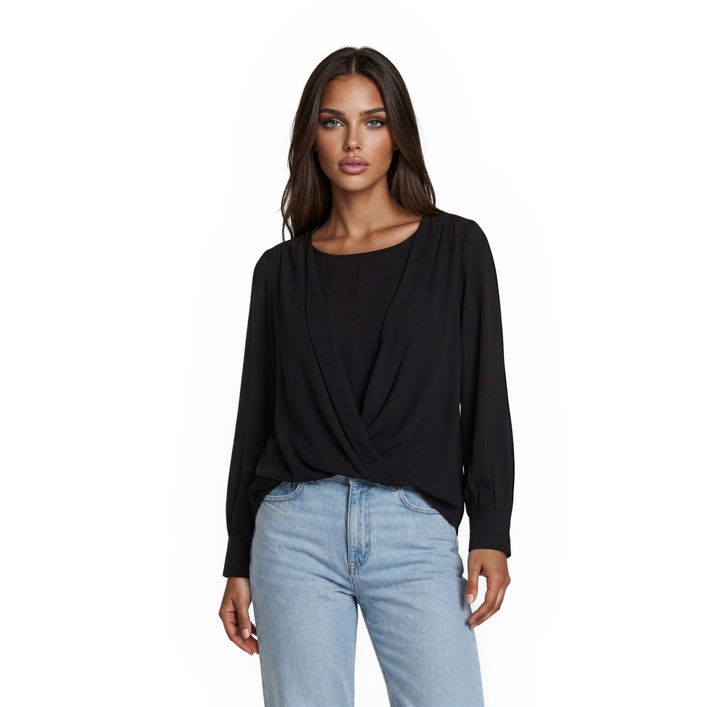 New Cooper Ella Blouse Women's Size Medium Black Draped Surplice Long Sleeve